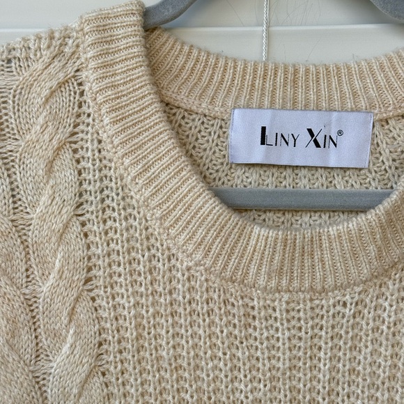 Liny Xin Sweater Womens Large Ivory Merino Wool Blend Cable Knit Long Pullover L - Picture 5 of 8